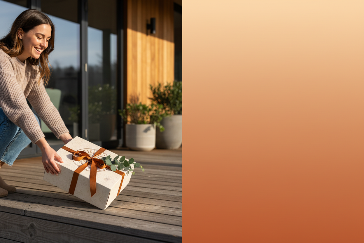 Person retrieving subscription box from porch with brand color block