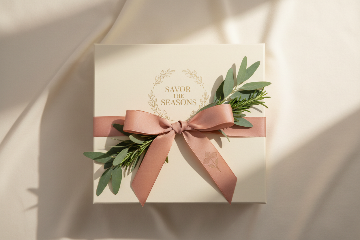 Savor the Seasons subscription box with bow and greenery