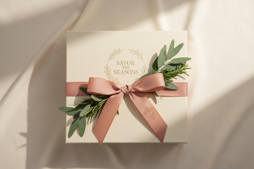 Savor the Seasons subscription box with bow and greenery
